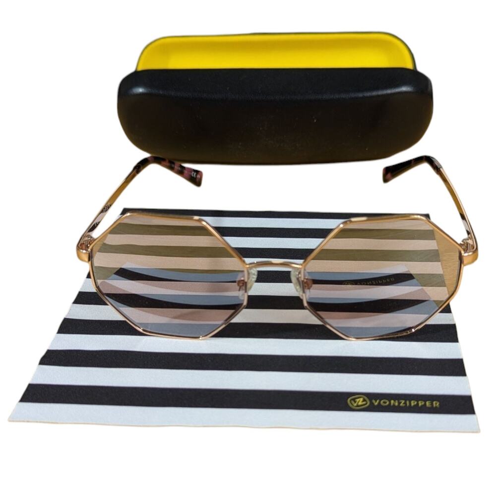 VonZipper Pearl Sunglasses Octagon Pink Silver Lens Gold Metal Womens